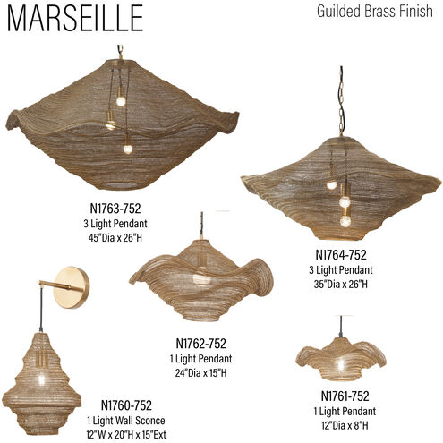 Marseille 3 Light 33 inch Brass Antique Pendant Ceiling Light